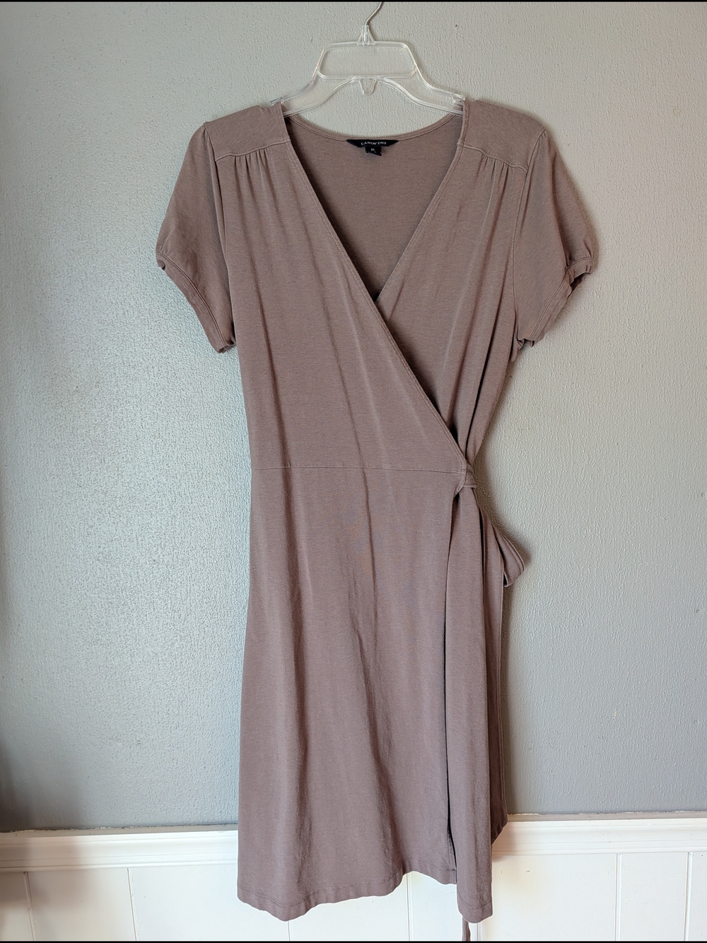 Lands End Women’s Taupe Wrap Dress - Classic Short Sleeve M